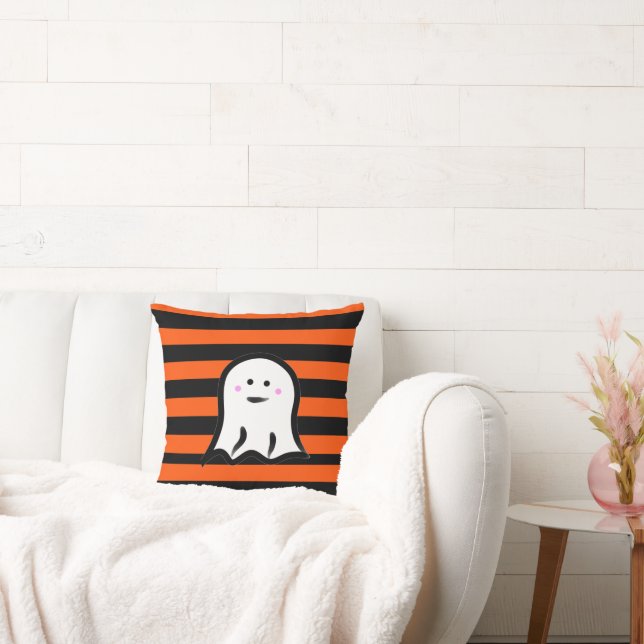 Almofada Fantasma de Halloween em Listras Pretas e Laranjas (Sofá)