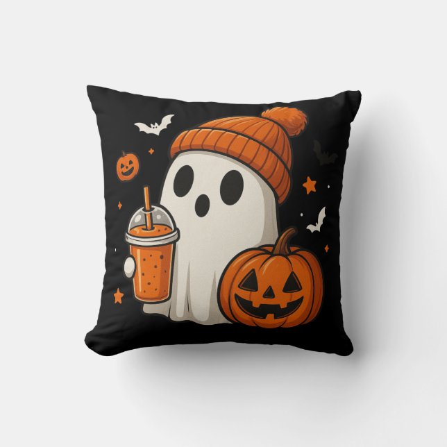 Almofada Fantasma de Halloween Fofo com Abóbora e Bebida  (Frente)