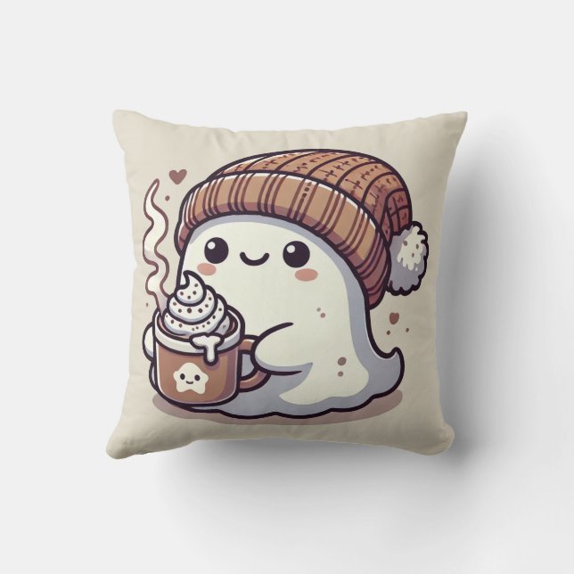 Almofada Fantasma de Halloween Fofo com Touca de Outono e C (Verso)