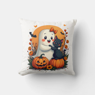 Almofada Fantasma de Halloween Vintage segurando gato preto