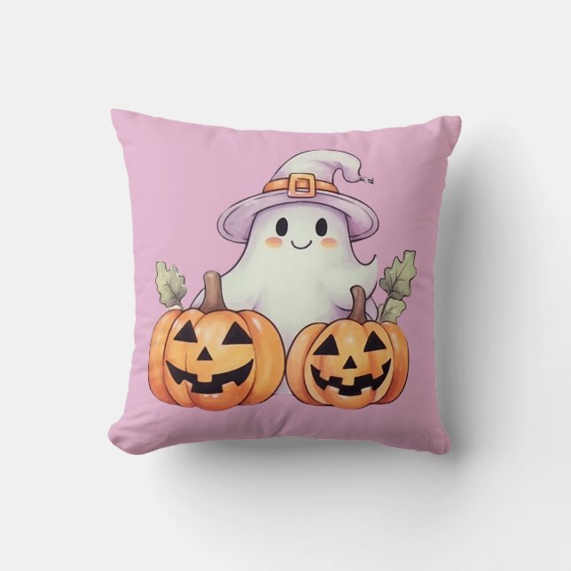Almofada Fantasma e Abóboras Roxas de Halloween (Frente)