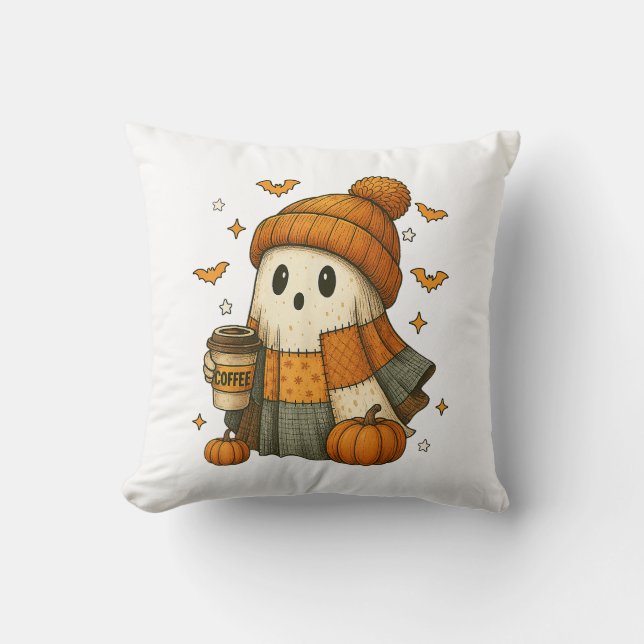 Almofada Fantasma Fofo Bebendo Café Halloween  (Frente)