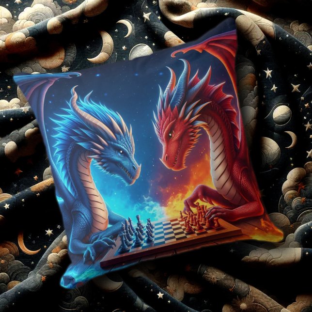 Almofada Fantástica Fogo e Dragões de Gelo Jogando Xadrez (Fire and Ice Dragon Chessmasters Throw Pillow Cover Photo)