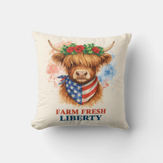 Almofada Farm Fresh Liberty Highland Cow Patriotic USA Art