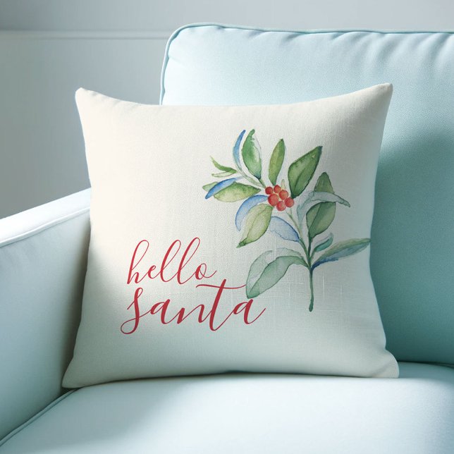 Almofada Farmhouse Holiday Travesseiros Watercolor Holly (Cute Christmas throw pillow botanical watercolor art by Victoria Grigaliunas Do Tell A Belle)