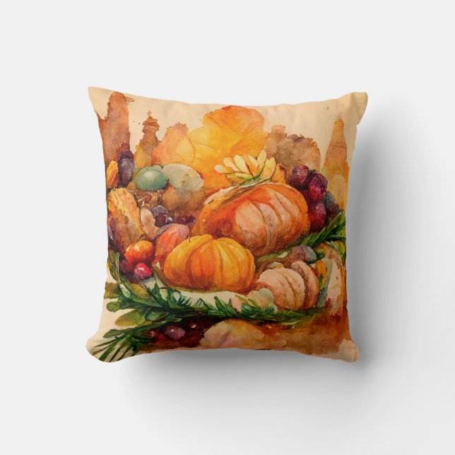 Almofada Farmhouse Russo Aquarela Pumpkins Colheita Queda (Frente)