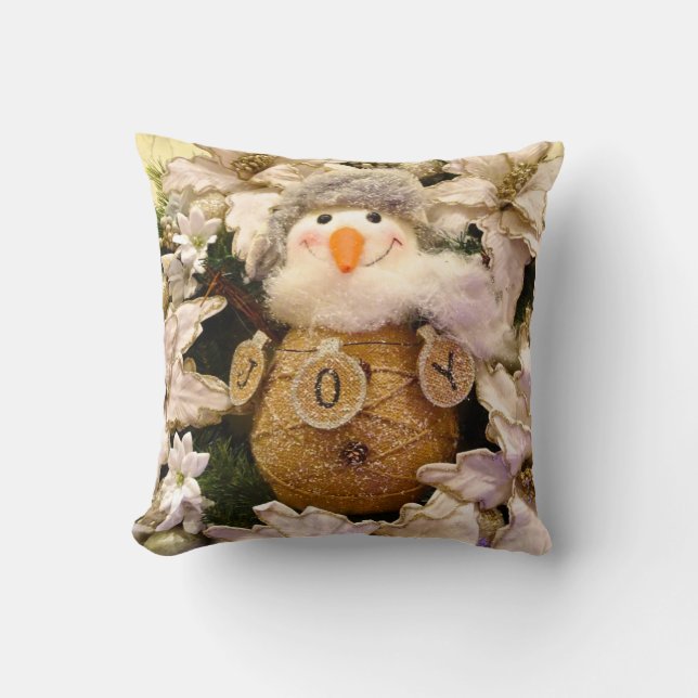 Almofada Farmhouse Rustic Burlap Snowman Poinsettia Holiday (Frente)