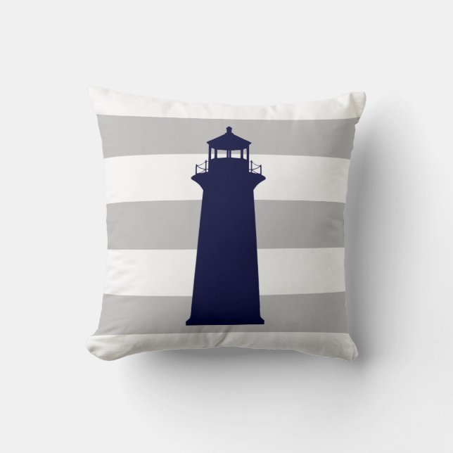 Almofada Farol Azul marinho Em Cinzas E Estrias Brancas (Frente)