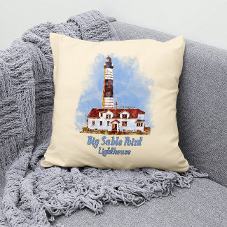 Almofada Farol de Big Sable Point Aquarela - Michigan