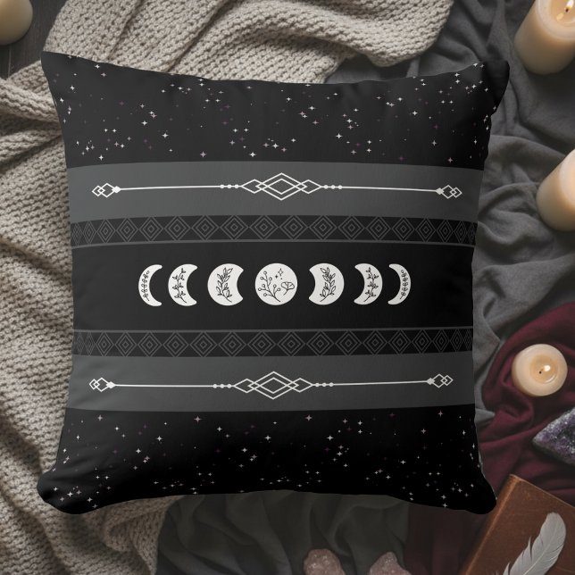 Almofada Fase Lunar Ciclo Lunar Noite Negra Celestial (Embrace the cosmic rhythm with this captivating Moon Phase Celestial Throw Pillow)