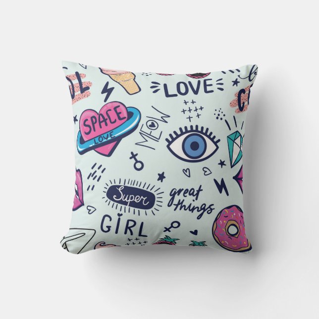 Almofada Fashion Patch: Pop Art Stickers. (Frente)