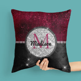 Almofada Faux Chic Silver Glitter Burgundy Monograma preto