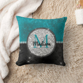 Almofada Faux Chic Silver Glitter Turquoise Monograma preto