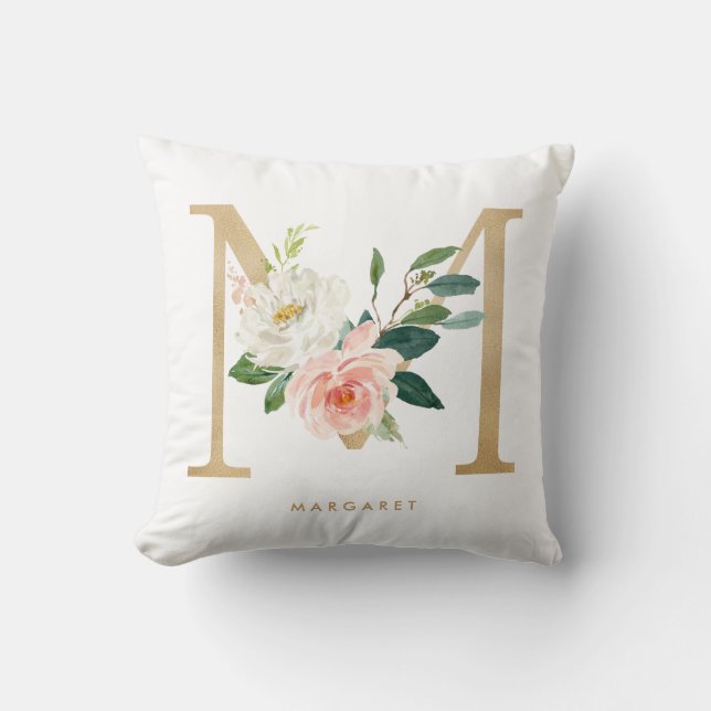 Almofada Faux Gold Foil Floral - Letra M Monograma Nursery (Frente)