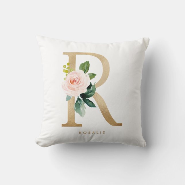 Almofada Faux Gold Foil Floral - Letra R Monograma Nursery (Frente)