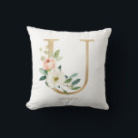 Almofada Faux Gold Foil Floral - Letra U Monograma<br><div class="desc">Travesseiro floral U,  feminino e elegante,  com ilustrações em aquarela de flores brancas,  verde e monograma em folha falsa. Personalize adicionando um nome ou uma frase curta. Este travesseiro floral monograma será perfeito como presente personalizado.</div>