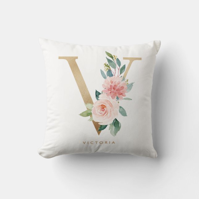 Almofada Faux Gold Foil Floral - Letra V Monograma Nursery (Frente)