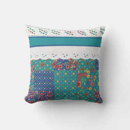 Almofada Faux Patchwork Floral sobre Teal, Faux Lace Traves