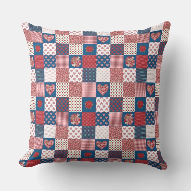 Almofada Faux-Patchwork, Hearts, Rosas, Polkas, Checks (Frente)