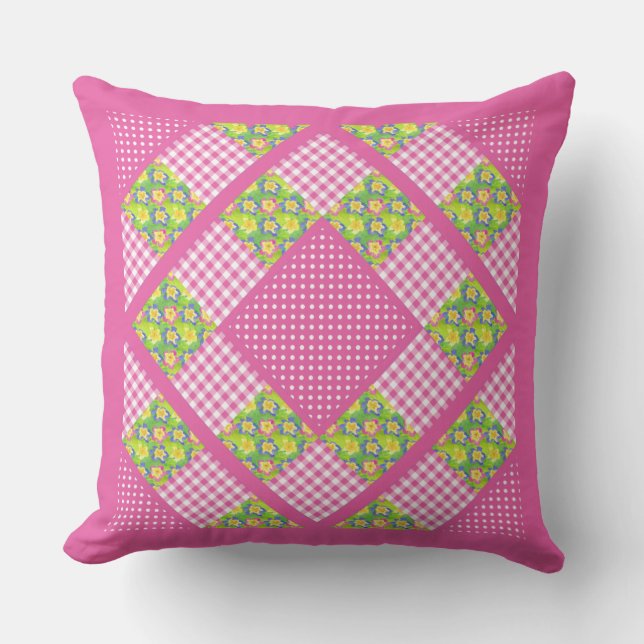 Almofada Faux Patchwork, Primroses, Polkas e Gingham, de co (Frente)