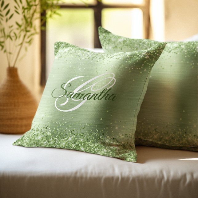 Almofada Faux Shiny Mint Green Glitter Foil Monograma (Mint Green Glitter Foil Monogram Throw Pillow)