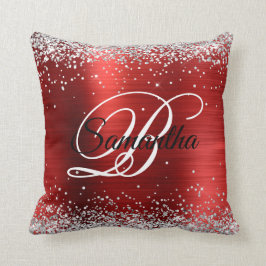Almofada Faux Shiny Silver Glitter Red Foil Monograma