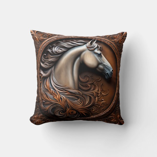 Almofada Faux Wooden Carved Horse Throw Pillow (Frente)