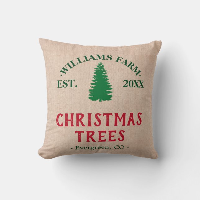 Almofada Fazenda de Árvore de Natal de Burlap Personalizada (Frente)