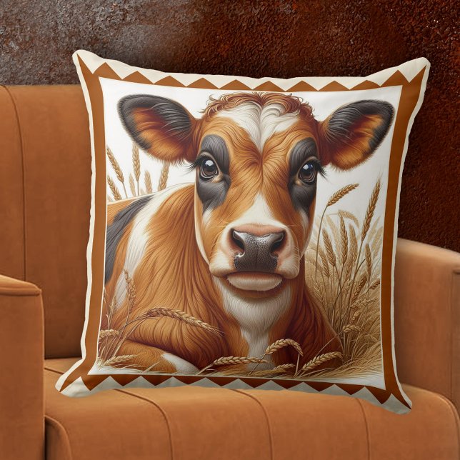 Almofada Fazenda de Vaca Bela Arte Animal (Pillow featuring a painting of a cute cow lying in a field of wheat - farm animal - rustic - nature)