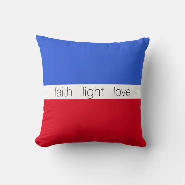 Almofada Fé Luz Amor em Azul, Vermelho e Branco (Frente)