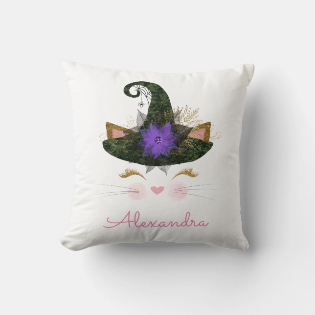 Almofada Feiticeira Gatinho do Monograma Cuta das Halloween (Frente)