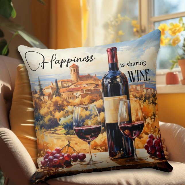 Almofada Felicidade - Paisagem Italiana - Arte do Vinho (An artistic design pillow featuring an Italian fantasy landscape painting with red wine.)