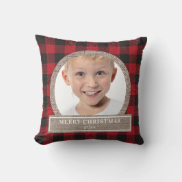 Almofada Felicidades Natalino Plaid Vermelho Búfalo em Lona
