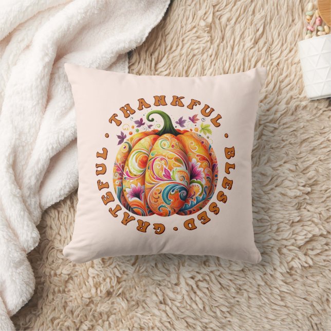 Almofada Feliz, Abençoado, Grata Pumpkin Floral (Cobertor)
