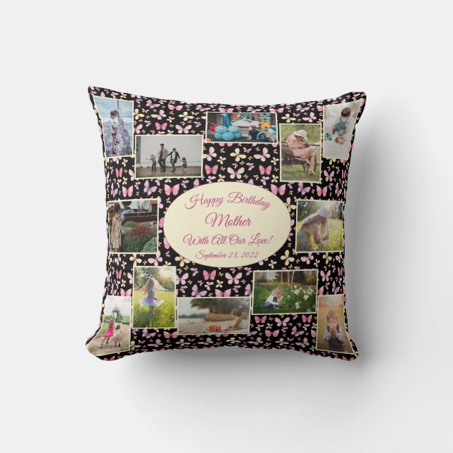 Almofada Feliz Aniversário da Família Mãe Modelo de Colagem (Frente)