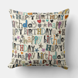 Almofada Feliz aniversário de corações e estrelas