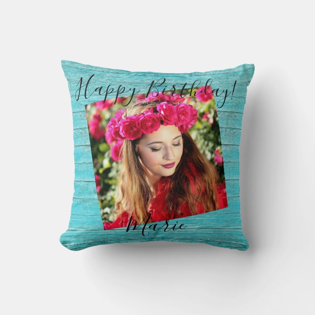 Almofada Feliz aniversário Foto Rustic Blue Wood Travesseir (Frente)