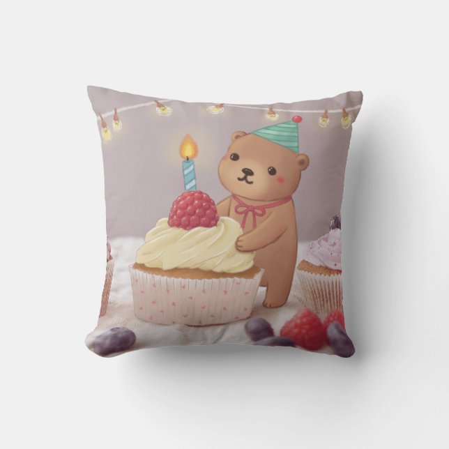 Almofada Feliz aniversário: Urso de Teddy e Cupcakes (Frente)