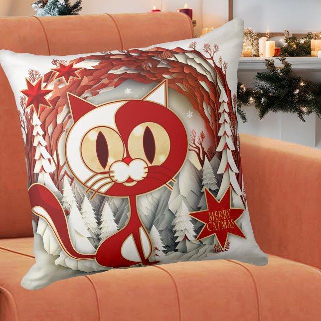 Almofada Feliz artística Gatinho de Natal Travesseiro de Na (A whimsical Christmas pillow featuring a cute kitty on a Christmas wreath with festive red stars)