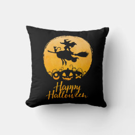 Almofada Feliz Bruxa Voadora do Halloween com Gato e Pumpki