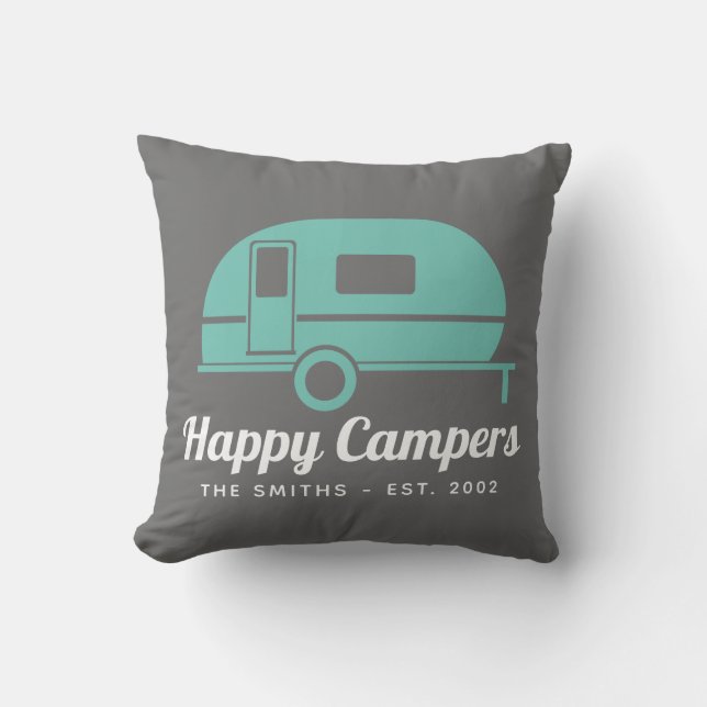 Almofada Feliz Campers Cinza Camping Teatro (Frente)