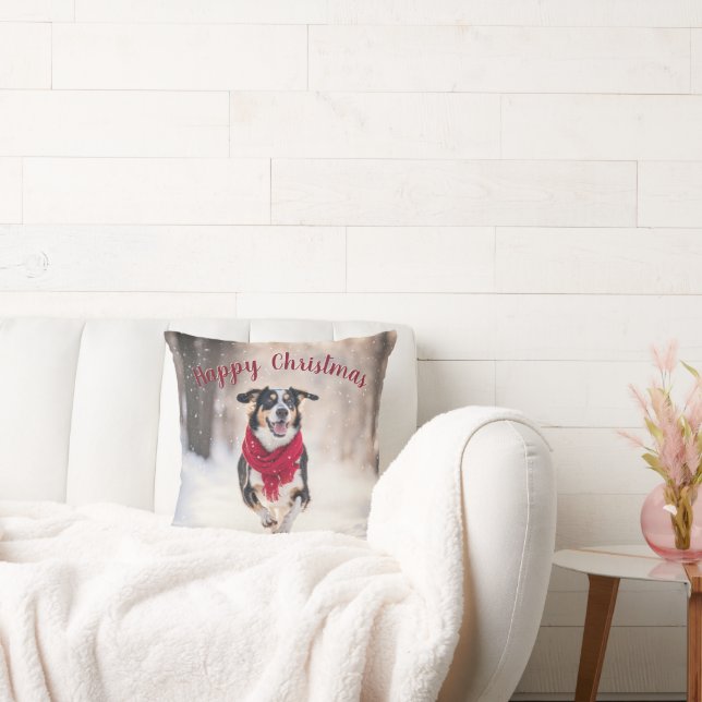 Almofada Feliz Cão Na Neve (Sofá)