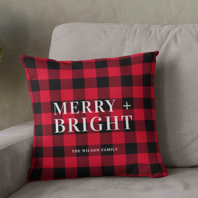 Almofada Feliz e Bright Christmas Rustic Xadrez Buffalo (Criador carregado)