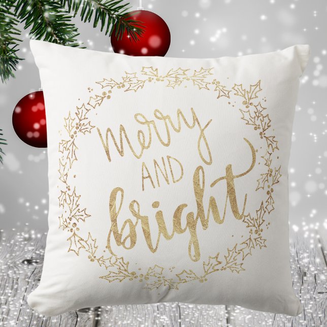 Almofada Feliz e Brilho - Branco e Dourado - Natal (Merry & Bright - White & Gold - Christmas Throw Pillow)