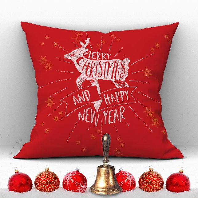 Almofada Feliz Feliz ano novo de Natal Deer Dourado Stars R (Merry Christmas Happy New Year Deer Gold Stars Red Throw Pillow ©Susanne Sachers - Sunny Mind Design)