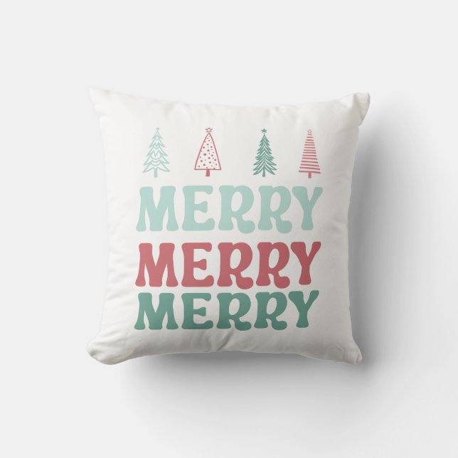 Almofada Feliz Feliz Feliz com Árvores de Natal Pastel Boho (Frente)