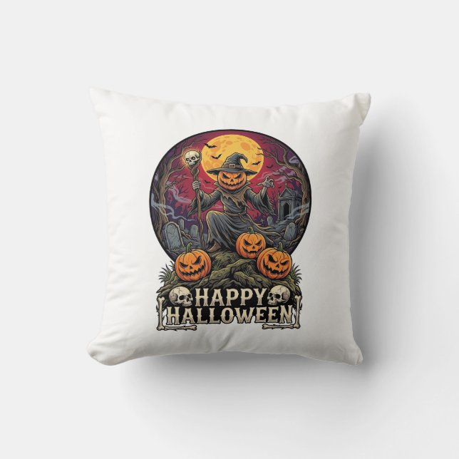 Almofada Feliz Halloween Abóbora Mago Cemitério Lua Cheia (Frente)