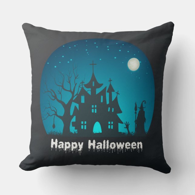 Almofada Feliz Halloween Blue e Black Hauned House (Frente)