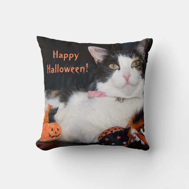 Almofada Feliz Halloween Calico Cat com Pumpkin (Frente)