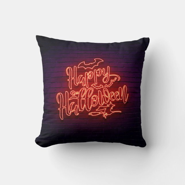 Almofada Feliz Halloween Neon Look Witch Bat Brick Party (Frente)